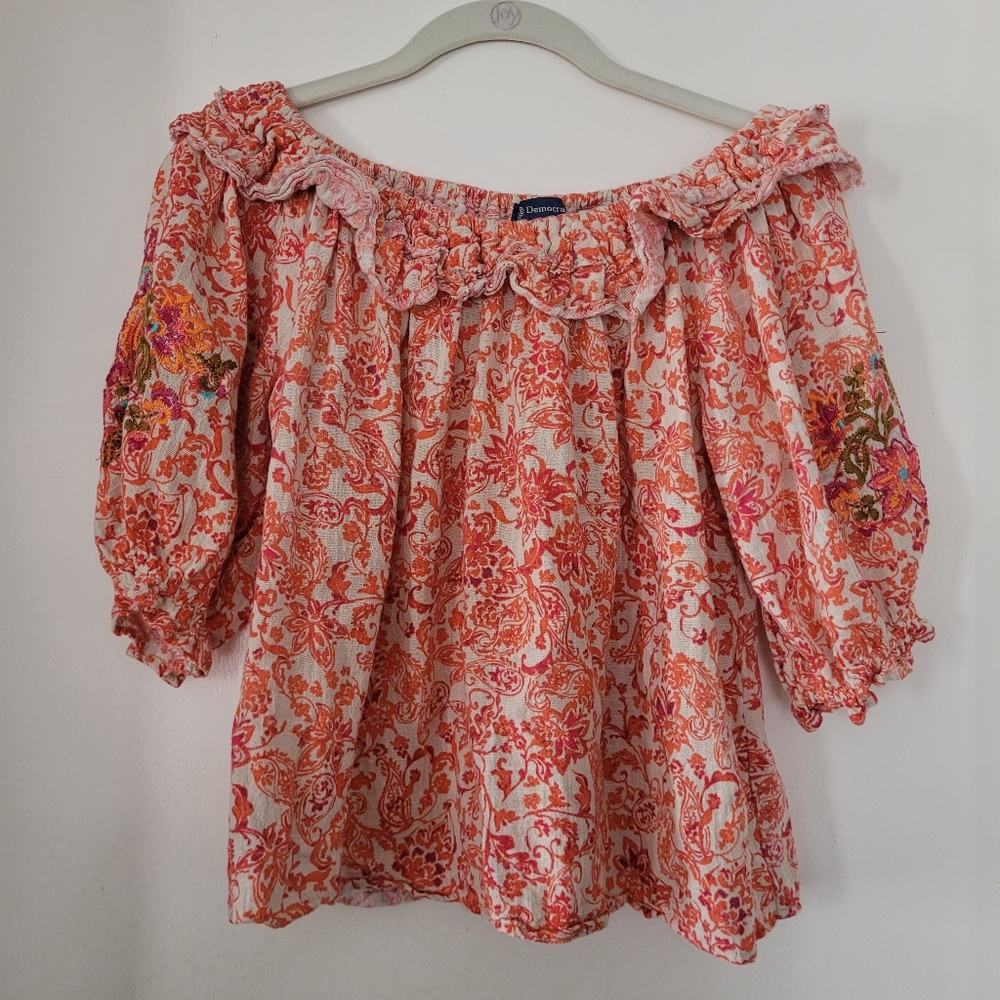 Democracy Women's Medium Floral Blouse Ruffle Embroidered Top Cotton Boho Hippie